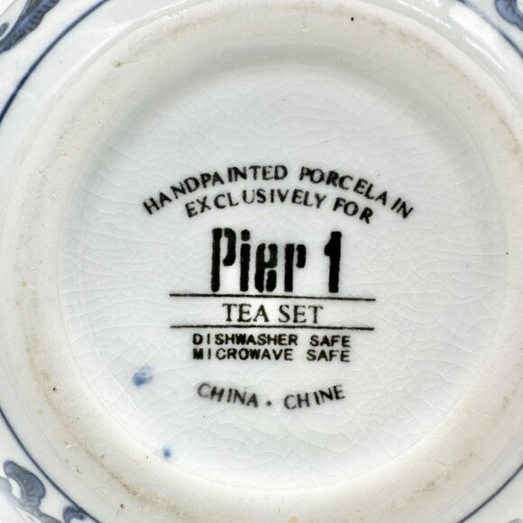 Pier 1 Vintage Handpainted Porcelain Tea Pot Black Blue White Floral Design - Picture 8 of 12